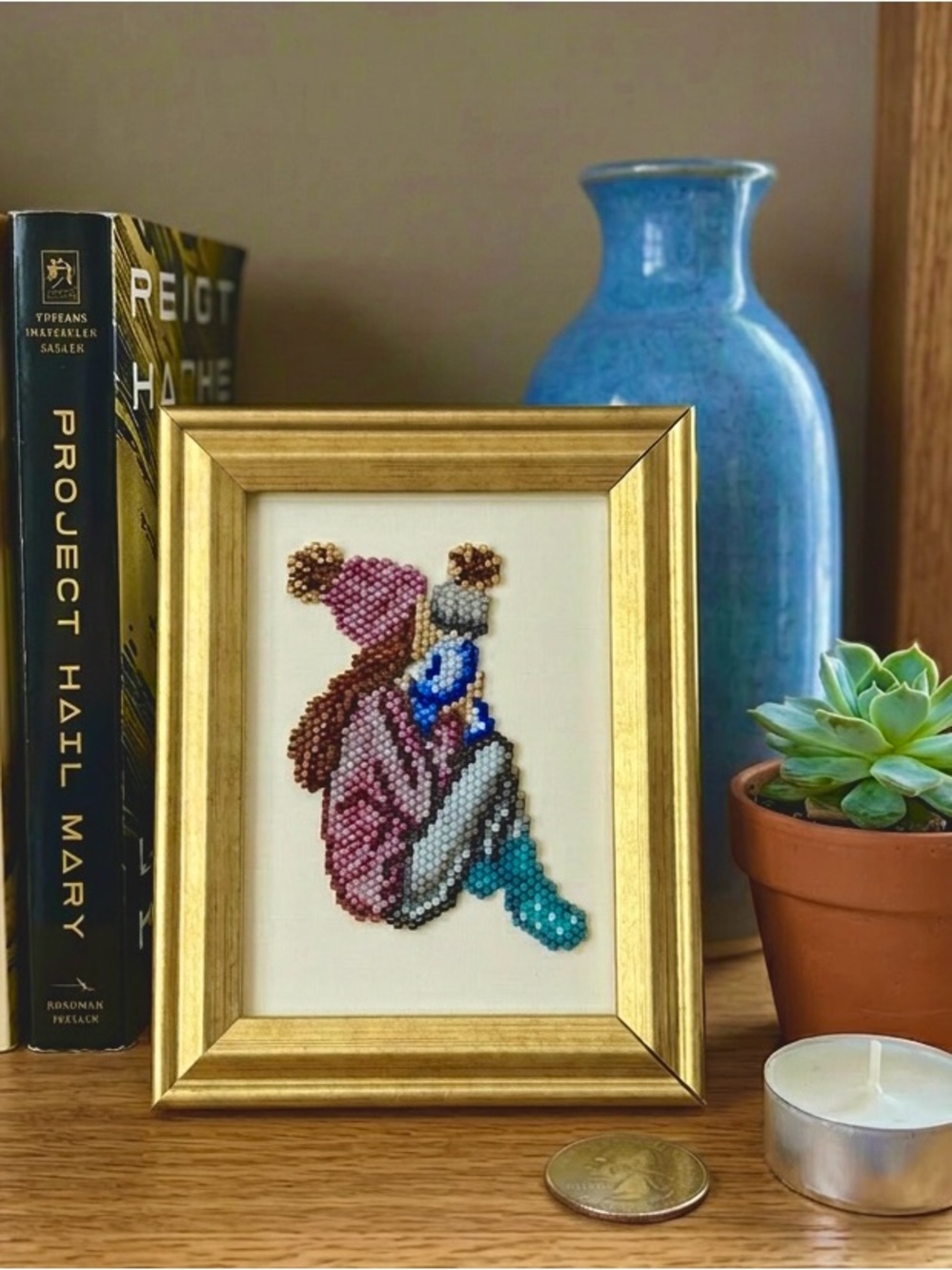 Handmade Beaded Mother & Child Framed Art Gold Frame Tiny Mini Gift - Picture 3 of 9